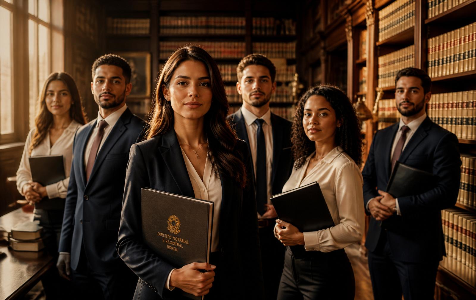 Profissionais do Direito em biblioteca clássica